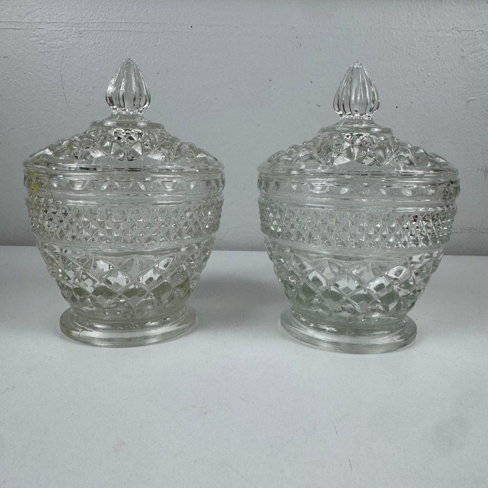 Vtg Anchor Hocking Wexford Glass Vanity‎ Jars Set of 2 Dresser Jars